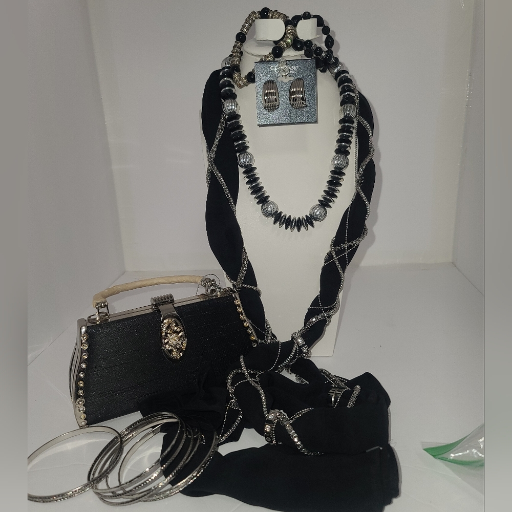 Elegant Black and Silver Women's Accessory Set